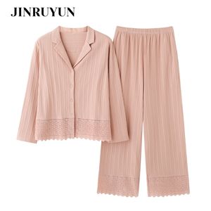 Pajamas sets women pure cotton Korean temperament sweet pink cardigan Sleepwear long-sleeved trousers nightgown 210901