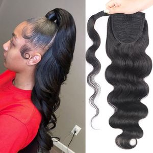 Fala ciała Długie Faliste Wrap wokół Clip In Ponytail Hair Extension Brazylijski Remy 100% Ludzki Włosy Naturalny Kolor Odporny na ciepło Pony Ogon