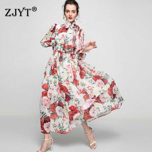 Våren mode kvinnor bana designers full ärm blomma utskrift chiffong maxi party dress bohemian chiffon vestidos 210601