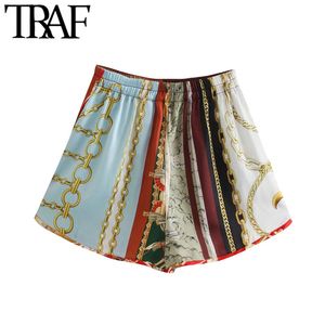 Traf Women Fashion Patchwork Chain Print Shorts Vintage High Elastic midja Sidfickor Kvinnliga korta byxor MUJER 210415