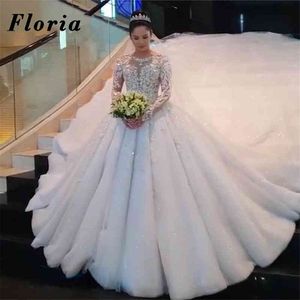 Custom Made Long Sleeve Brautkleider 2021 Türkische Saudi-Arabien Applique Kristall Illusion Braut Perlen Luxus Hochzeitskleid