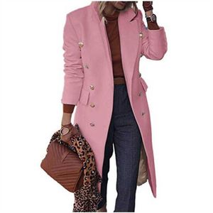 Casaco de lã Mulheres Branco Rosa Khaki Lapela Moda Slim Tops Outono Inverno Plus Size Temperamento Long Blends Jaqueta GH517 210924