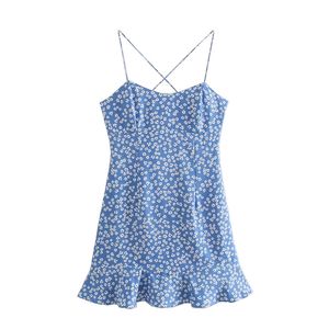 Söta kvinnor fyrkantiga krage klänning sommar mode damer strand stil söt kvinnlig blå tryckt a-line mini 210515