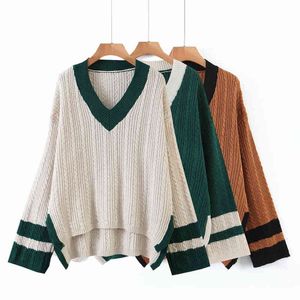 Casual Woman Loose Patchwork V Neck Sweater Fashion Ladies Höst Mjukt Knitwear Kvinna 3 Färg Stora Stickade Toppar 210515