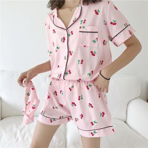 Дамы вишня Print Pajama летний сладкий милый домашний костюм костюм топы сна + шорты + оголовье 3шт спящая одежда корейский пижама femme свежий x0526