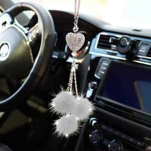 Bling Car Mirror Accessories for Women Bling Love Heart and Pink Plush ball Bling Rinestones Crystal Diamond Car Accessories