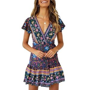 Bohemian Floral Mini Frauen Sommerkleid Festa Rüschen Verbandkleid Weibliche Elegante Ferien Strand Sommerkleid Damen Kleider Vestidos 210416