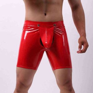 Men Wild PVC Faux Leather Short U Convex Pouch Boxers Panties Open Crotch Sexy Short Boxer Wetlook Gay Wear Erotic lingerie F20 H1214