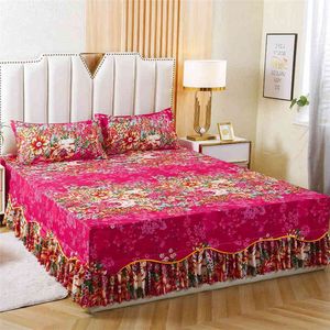 Conjunto de cama de alta qualidade saia cama + 2 pcs fronha retro moda jacquard europa arte colchas lençóis king duplo f0491 210420