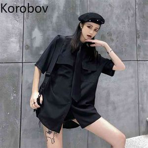 Korobov Kore Ins Down Yaka Kısa Kollu Tek Meme Bluz Moda Cep Tasarım Siyah Streetwear Yaz Yeni 210430