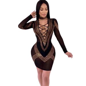 Kvinnor Sexig Full Sleeve Designer Beading Crystal Mesh Party Dress Bling Nigh Club Celebrity Chic Vestido 210527