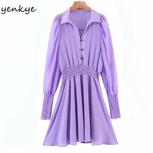 ファッション女性の点線紫色のドレス女性の襟の襟長袖弾性ウエストAラインシフォン冬vestido 210514