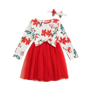 2021 Skirts 2Pcs Girls Fall Dress Floral Stitching Long Sleeve Casual Gauze Skirt Hair Band for Kids G1026