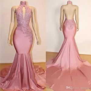 Pembe Dantel Aplikler Boncuk Sequins Saten Gelinlik Modelleri Ucuz Yüksek Boyun Backless Mermaid Abiye giyim Parti Giymek BC11762