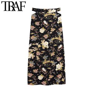 TRAF Women Chic Fashion Floral Print Side Vents Midi Skirt Vintage High Cut-out Waist Back Zipper Female Skirts Mujer 210415