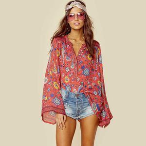 Teelynn Vermelho Boho Blusa 2018 Primavera Pássaros Floral Cópia Blusas Vinatge O-pescoço Flare Manga Comprida Bohemia Mulheres Blusas Hippie Top Y19042902