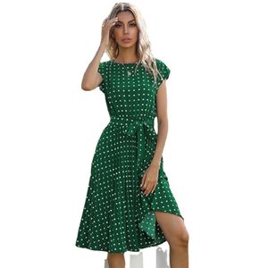 2021 Новое лето в горошек без рукавов плиссированные платья для женщин высокая талия MIDI элегантный офис зеленый леди обеда