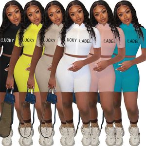 Lucky Label Summer Women tracksuits Embroidery letters outfits short sleeve T-shirt+shorts two piece set plus size S-2XL sweatsuits casual black sportswear 4897