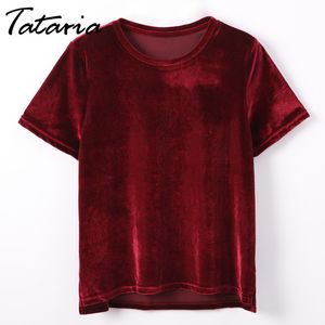 T Gömlek Kadın Yaz Bayan Üstleri Femme O Boyun Kısa Kollu Ezilmiş Kadife T-shirt Kadın Tatari 210514 Için Velvet T-shirt Rahat Tişörtleri