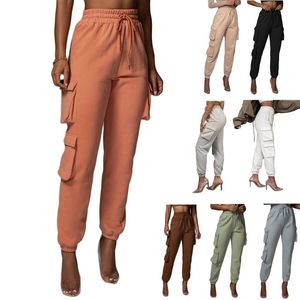 Damen-Jogginghose mit hoher Taille, Kordelzug, einfarbig, lockere Jogginghose, Lauftraining, aktive Hose mit Taschen, Damen-Caprihose