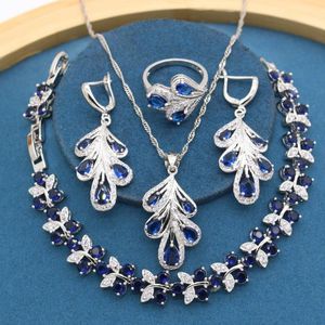 Earrings & Necklace Royal Blue Stones Silver Color Jewelry Sets For Women Wedding Bracelet Ring Birthday Gift
