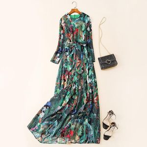 Casual Dresses Spring Womens High Quality 65% Silk Maxi Dress Fashion Long Sleeves Elegant Bohemian B404
