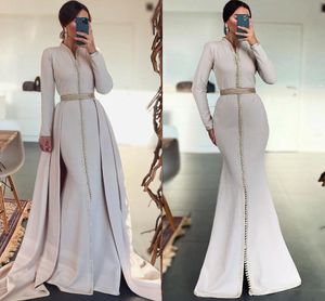 White Mermaid Moroccan Caftan Prom Dresses with Detachable Train 2022 Long Sleeve Muslim Arabic Dubai Evening Dress Robes
