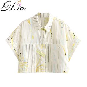 HSA and Tops Daisy Top Summer Blouse Women Short Sleeve Button Up Loose Collared Shirts Yellow Floral 210417