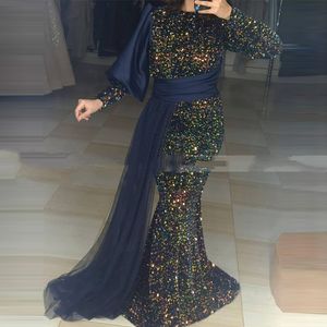 Sequin Lace Långärmad Muslim Kvällsklänning 2021 Elegant Caftan Arabic Mermaid med Long Sash Prom Gowns Party Dresses