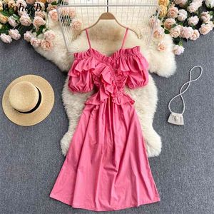 Kore tarzı moda kapalı omuz yaz elbise kadın puf kollu katı elbiseler fırfır robe femme parti vestidos 210519