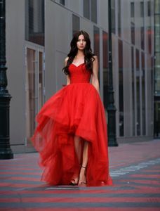 Short Front Long Back Red Evening Dresses 2022 Women High Low Formal Party Gowns Tiered Skirt Vestidos De Gala Simple Sweetheart Sequin Crystal Beaded Prom Dress