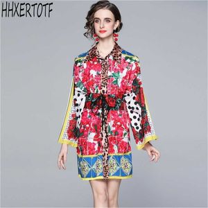 spring summer fashion temperament women Leopard-print lapel long-sleeved single-breasted rose print dress 210531