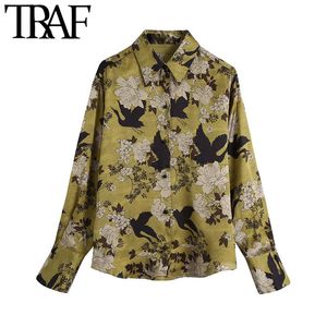 Traf Women Fashion Floral Print Soft Touch Bluses Vintage Long Sleeve Button-Up kvinnliga skjortor Blusa Chic Tops 210415
