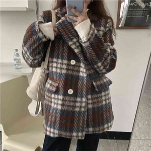 Vår Woolen Warm Chic Plaid Stilfulla Kvinnor Jackor Försäljning Lös alla Match Högkvalitativa Streetwear Coats 210525