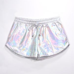 Kvinnor glänsande metalliska shorts sommar holografisk våt ser avslappnad elastisk dragkedja festival rave booty 210607