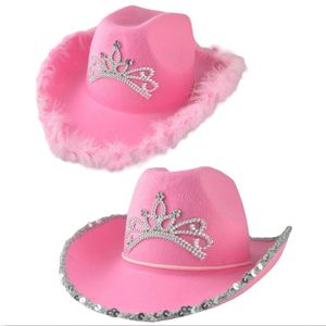 Pink Crown Tiara Western Cowgirl Шляпы для женщин Девушка Rolled Fedora Caps Caps Edge Beach Cowboy Hat Sequin Western Party Cap