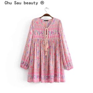 Piękno Boho Piękny Kwiatowy Druku Mini Dress Kobiety Plaża Moda Tassel Luźne Suknie Kobiet Vestido de Moda 210514