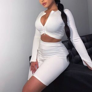 Women Two Pieces Set Elastic Long Sleeves Zipper up Deep V Neck Sexy White Black Casual Fashion Plus Size African Ladies Suits 210416