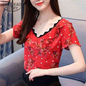 Summer Fashion Sweet Women Blouses Shirts Floral Short Sleeve Red Black Ruffles Printed Lady Tops Blusas 0379 30 210506