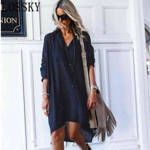 Women Loose Solid Midi Ladies Office OL Shirt Dress Casual Blue Button Long Sleeve Lapel Summer Autumn Vestidos 210507