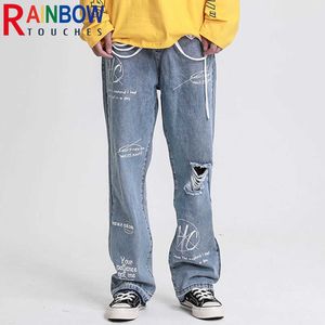 Rainbowtouches High Street Restore Loched Jeans Hosen Hip Hop Lose Graffiti Druck Jeans Hosen Unisex X0621