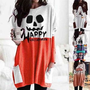 Halloween Style Women Casual Loose Mini Dress Pocket Decor Long Sleeve Umpkin Candle Skull Print Pullover Short Vestidos 210520