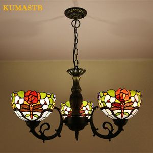 Chandeliers Stained Glass Dragonfly Flowers Shade Chandelier European Vintage Suspension Light Bar Restaurant Aisle Study Bedroom Lamp