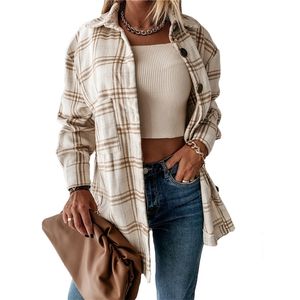 Куртка к клетку Женщины осень зима мода свободное пальто вскользь ретро длинные рукава однобортные женские lr1295 210531