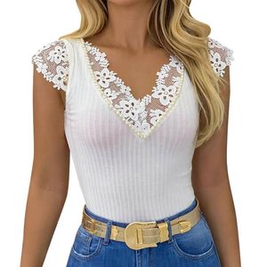 Kvinnors T-shirt Kvinnor V Neck Lace Toppar Ärmlös T Shirt Solid Färg Casual Beaded Decor Slim Fit Kvinna Sommar Camisetas de Mujer Crop Top