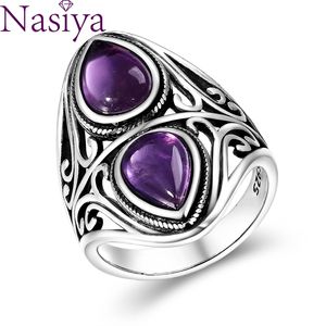 Charms 6x9MM Natural Amethyst Ring's 925 Sterling Silver Jewelry Vintage Ring Anniversary Party Gifts For Women 211217