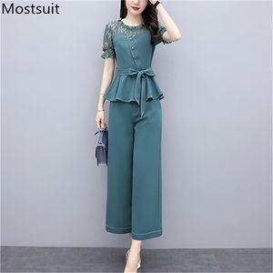 Summer Chiffon Office Two Piece Sets Outfits Women Lace Spliced Belted Tops + Wide Leg Pants Suits Fashion Elegant 210513
