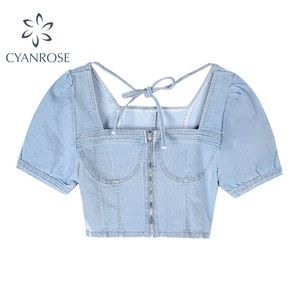 Damska suwak Denim Bluzki Crop Square Collar Retro Blue Puff Krótki Rękaw Eleganckie Koszule Jean Lace-Up Clubwear Bar Sexy Topy 210515