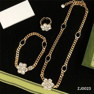 Shiny Diamond Necklace Bracelet Jewelry Set Double Letter Crystal Flower Ring Women Metal Chain Bracelets Street Style For Party Date