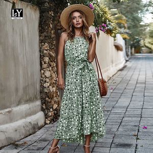 LY VAREY LIN Summer Polka Dot Dress Women Off Shoulder O Neck Spaghetti Strap Flared Sash Tie Up Holiday es 210526